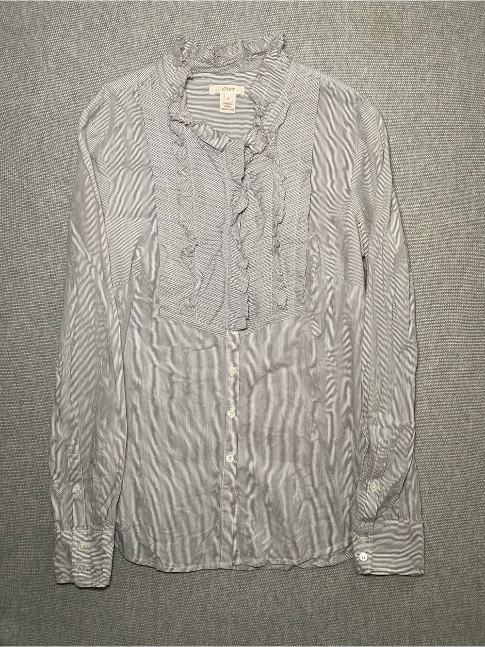 J Crew Pinstripe Cotton Ruffle Front Tuxedo Blouse Button Down Shirt Size 0